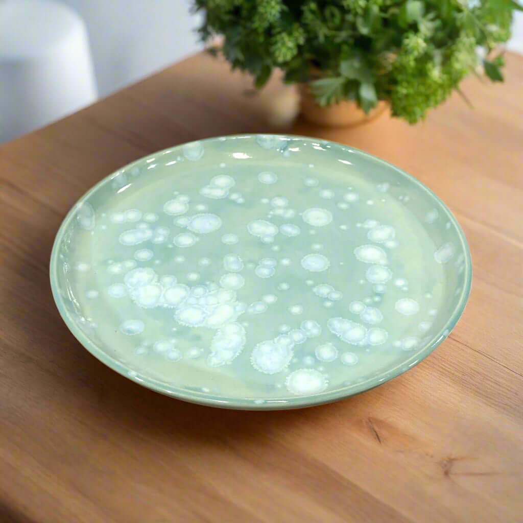 Beautiful modern dinner plate, 25cm wide, glazed with torquise Celadon glaze